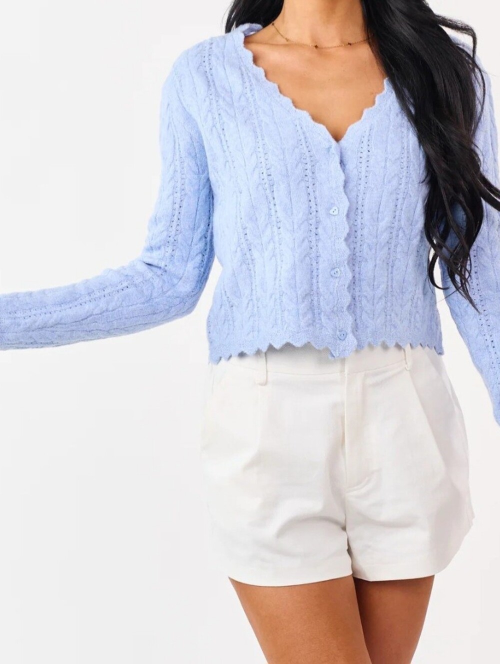 Camellia Light Blue Cable Knit Scalloped Cardigan Sweater *NWT*